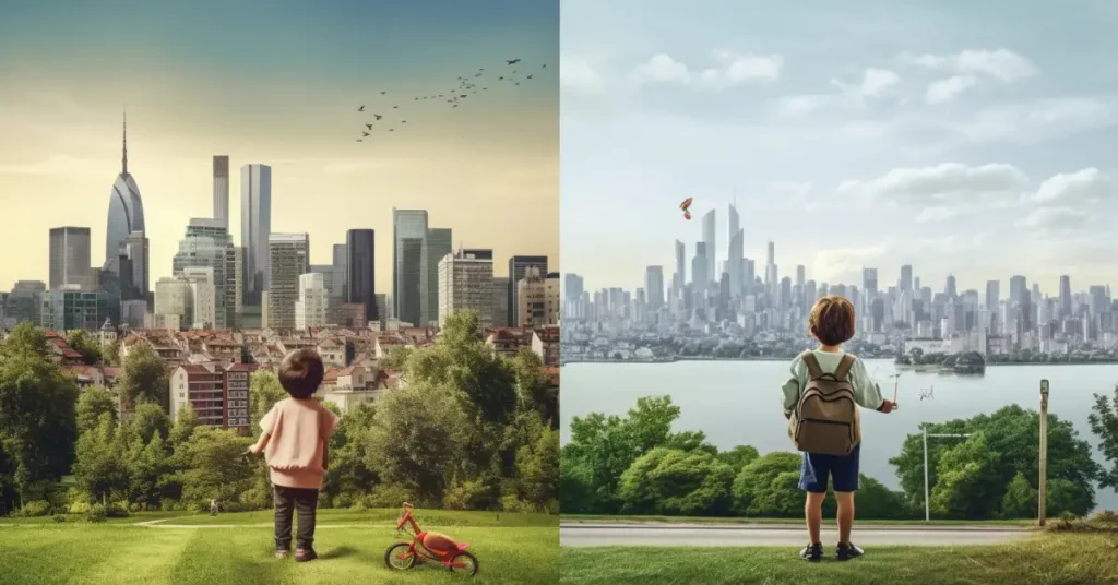 Children sharing off into the distance looking at cities symbolizing rising childcare costs