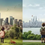 Children sharing off into the distance looking at cities symbolizing rising childcare costs
